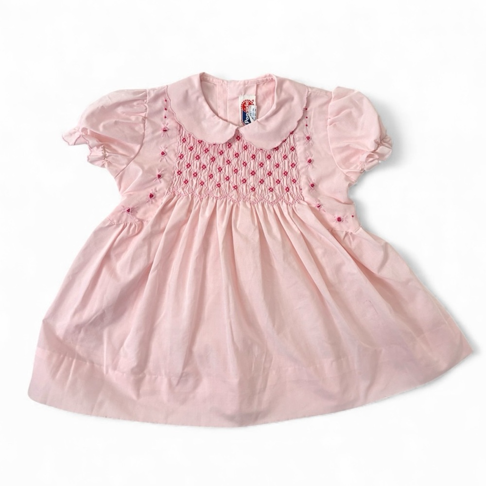 VTG Popsicle Pink Smocked Dress Puff Sleeve Peter Pan Collar | Cottagecore | 2T